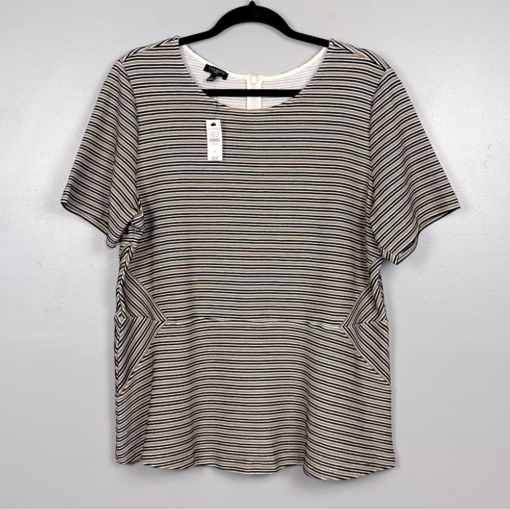 NWT Talbots Plus black tan & white stripes back zip peplum blouse top, X=est.XL.